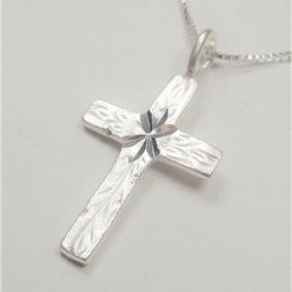STERLING SILVER TEXTURED PLANK HOLY CROSS NECKLACE